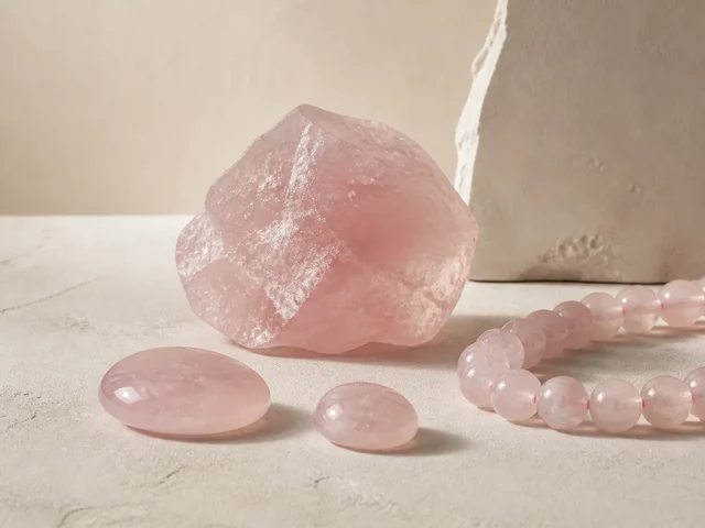 粉晶原石、弧面裸石与粉晶手链组成的粉色石英静物
